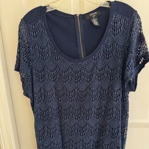 Verve Ami Navy Blue Crochet Boho Lace Short Sleeve Back Zip 1X Shirt